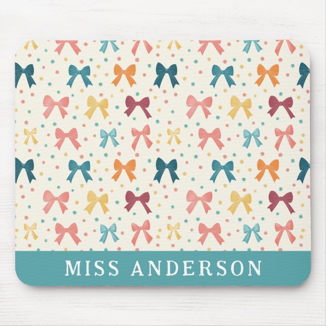 Whimsical Bow Pattern Rainbow Ribbons Custom Name Mouse Pad (Front)