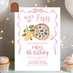 Whimsical Bow Pizza Girl Birthday Party Invitation