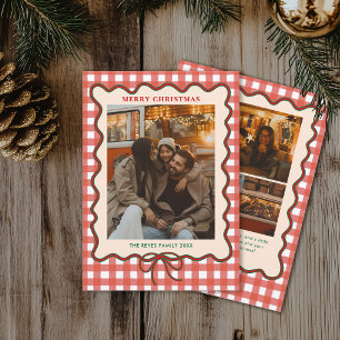 Whimsical Bow Red Gingham Family Photo Christmas Holiday Card