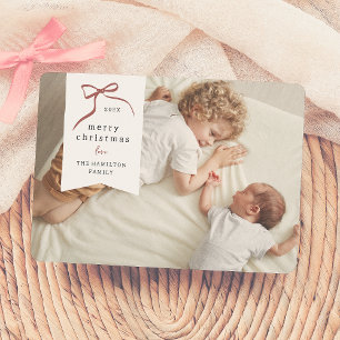Whimsical Bow   Red Ribbon Christmas Holiday Photo Card