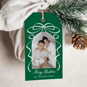 Whimsical Bow Ribbon Green Arch Photo Christmas Gift Tags