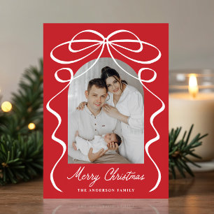 Whimsical Bow Ribbon Red Christmas Arch Photo Holiday Card