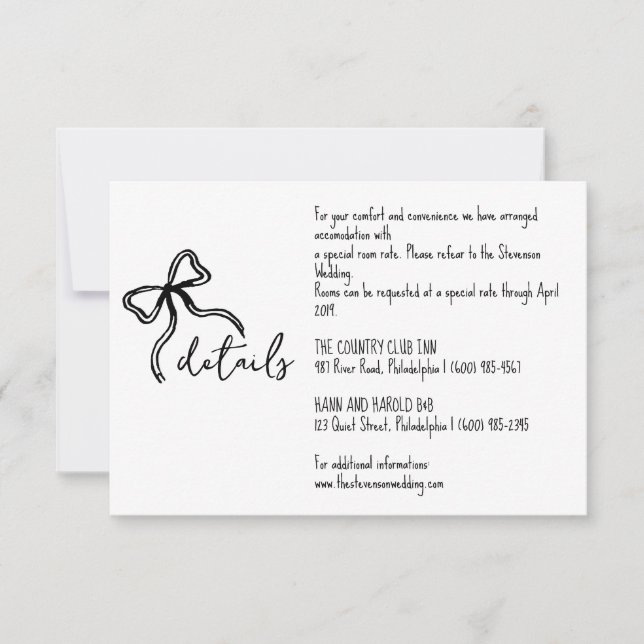 whimsical Bow Wedding Details card (Front)