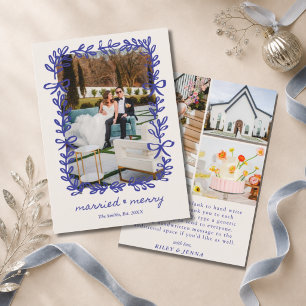 Whimsical Bow Wreath Blue Modern 4 Photo Wedding Holiday Card