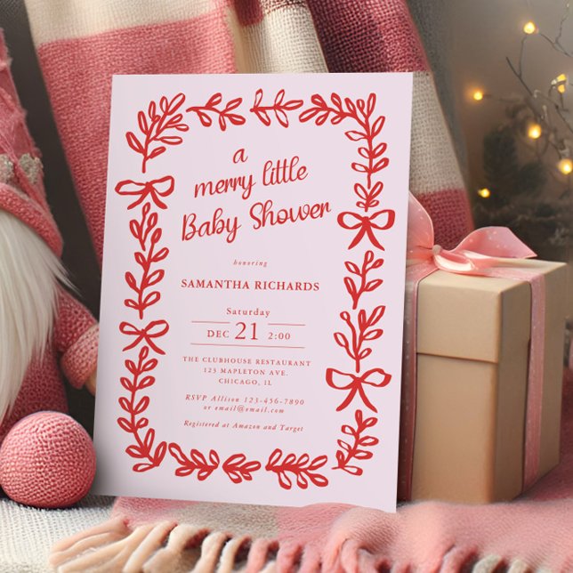 Whimsical bows red pink Merry little baby shower Invitation (Creator Uploaded)