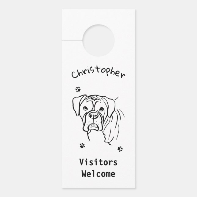 Whimsical Boxer: Editable Text Line Art Door Hanger (Front)