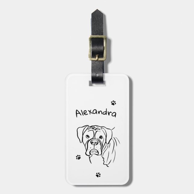 Whimsical Boxer: Editable Text Line Art Luggage Tag (Front Vertical)