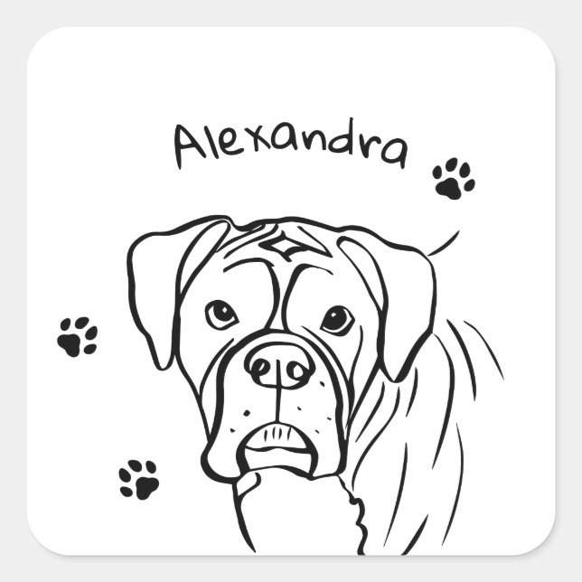 Whimsical Boxer: Editable Text Line Art Square Sticker (Front)
