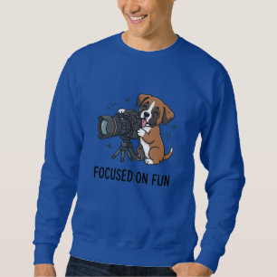 Whimsical Boxer Puppy with Camera Focused On Fun Sweatshirt