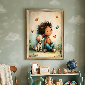Whimsical Boy & Dog Butterfly Poster