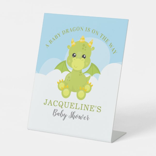 Whimsical Boy Dragon Baby Shower Pedestal Sign (Front)