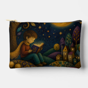 WHIMSICAL BOY READING UNDER MOON ACCESSORY POUCH