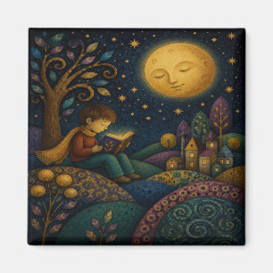 WHIMSICAL BOY READING UNDER MOON MAGNET