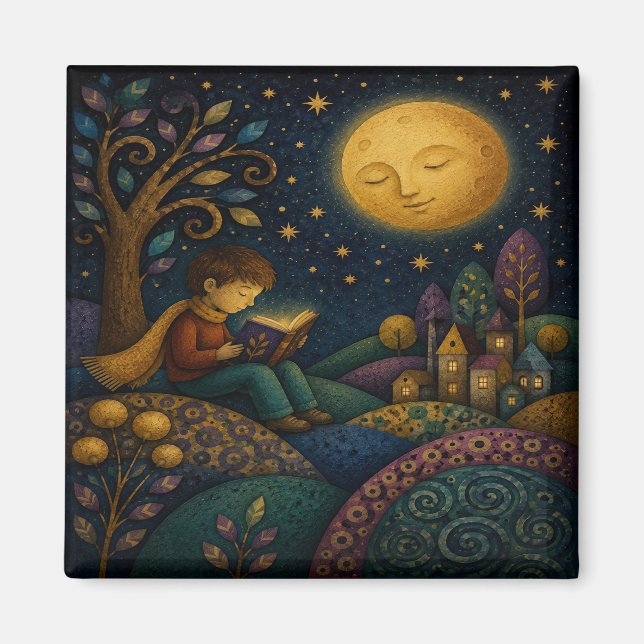 WHIMSICAL BOY READING UNDER MOON MAGNET (Front)