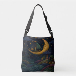 WHIMSICAL BOY SAILING GOLDEN CRESCENT MOON CROSSBODY BAG