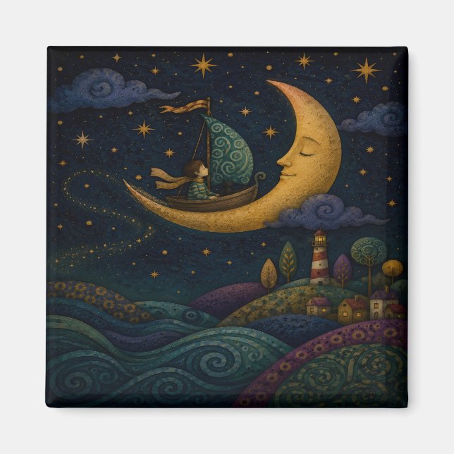 WHIMSICAL BOY SAILING GOLDEN CRESCENT MOON MAGNET (Front)