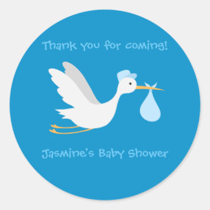 Whimsical Boy Stork Baby Shower Classic Round Sticker