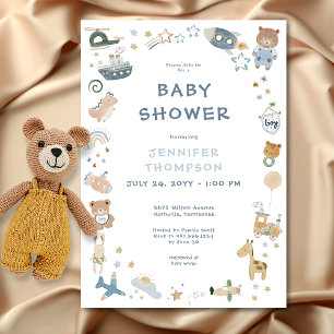Whimsical Boy Watercolor Doodle Baby Shower Invitation