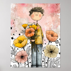 Whimsical Boy Watercolor with Floral Accents (1) Poster