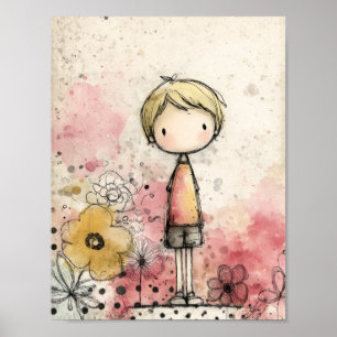 Whimsical Boy Watercolor with Floral Accents (2) Poster