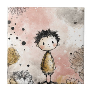 Whimsical Boy Watercolor with Floral Accents (3) Tile