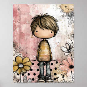 Whimsical Boy Watercolor with Floral Accents (4) Poster