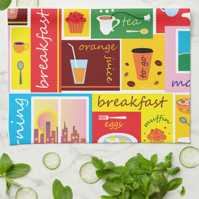 Whimsical Breakfast Pattern Tea Towel (Folded)