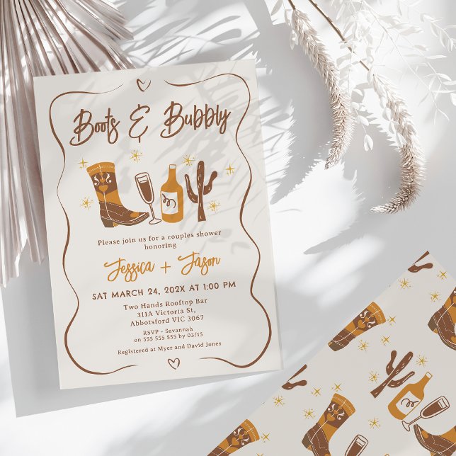 Whimsical Bridal Boots and Bubbly Couples Shower  Invitation (Boots and Bubbly Couples Shower Invitation Whimsical Couples Shower Invitation Hearts Champagne)