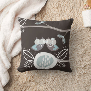 Whimsical Bride & Groom Blue Wedding Owls On Tree Cushion
