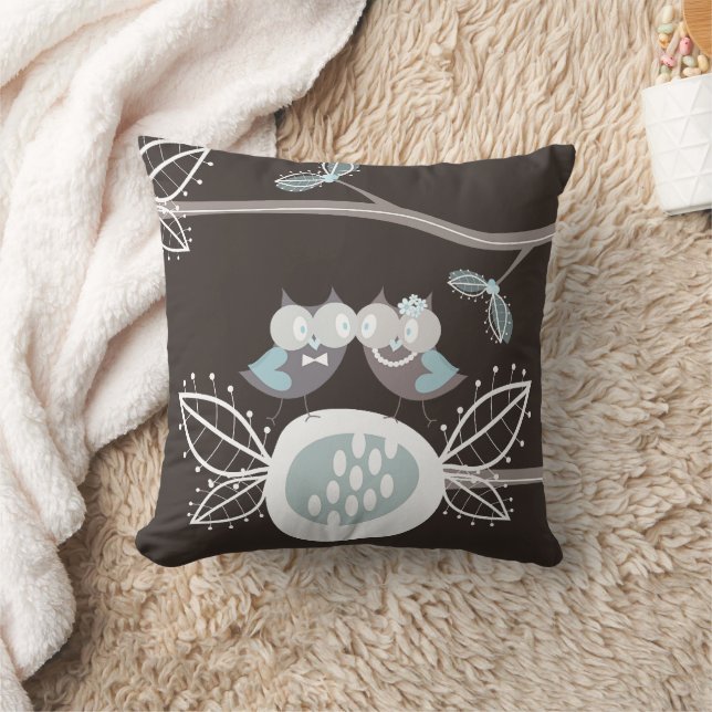 Whimsical Bride & Groom Blue Wedding Owls On Tree Cushion (Blanket)