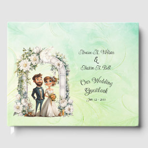 Whimsical Bride Groom Wedding Arch Blue Green Guest Book