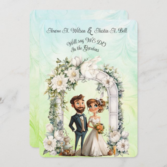 Whimsical Bride Groom Wedding Arch Blue Green Invitation (Front/Back)
