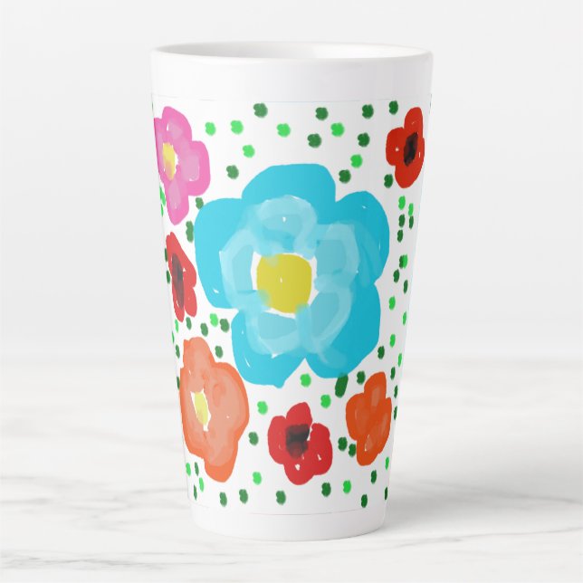 Whimsical Bright Abstract Floral Ceramic Latte Mug (Front)