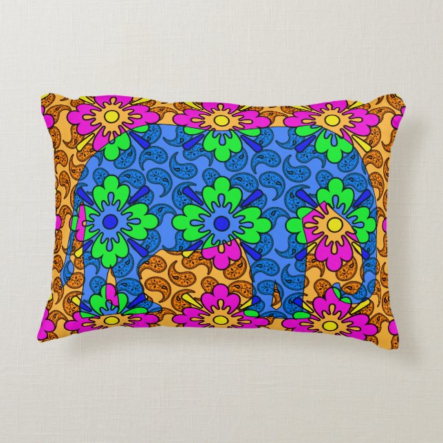 Whimsical Bright Paisley Colourful Elephant Decorative Cushion (Back)