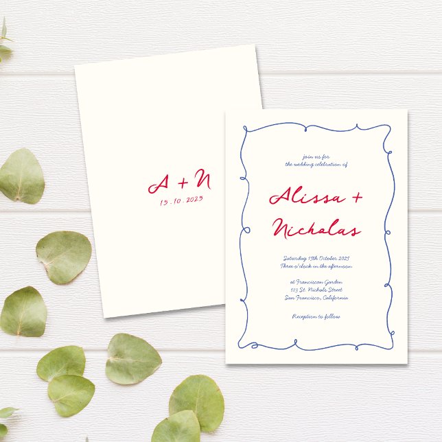 Whimsical Bright Wavy Border Monogram Wedding Invitation (Creator Uploaded)
