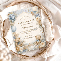 Whimsical Brown And Blue Bear Baby Shower