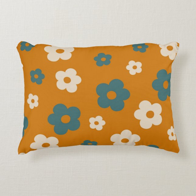 Whimsical Brown & Blue Floral Retro, Cheerful Decorative Cushion (Front)