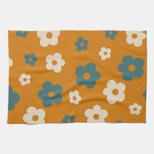 Whimsical Brown & Blue Floral Retro, Cheerful Tea Towel
