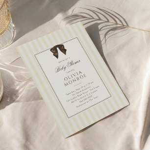 Whimsical Brown Bow Striped Baby Shower Invitation