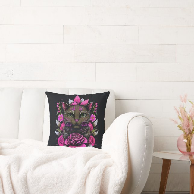 Whimsical Brown Cat with Pink Flowers Throw Pillow (Couch)