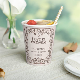 Whimsical Brown Love Is Brewing Bridal Shower Paper Cups