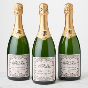 Whimsical Brown Love Is Brewing Bridal Shower Sparkling Wine Label