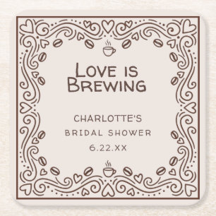 Whimsical Brown Love Is Brewing Bridal Shower Square Paper Coaster