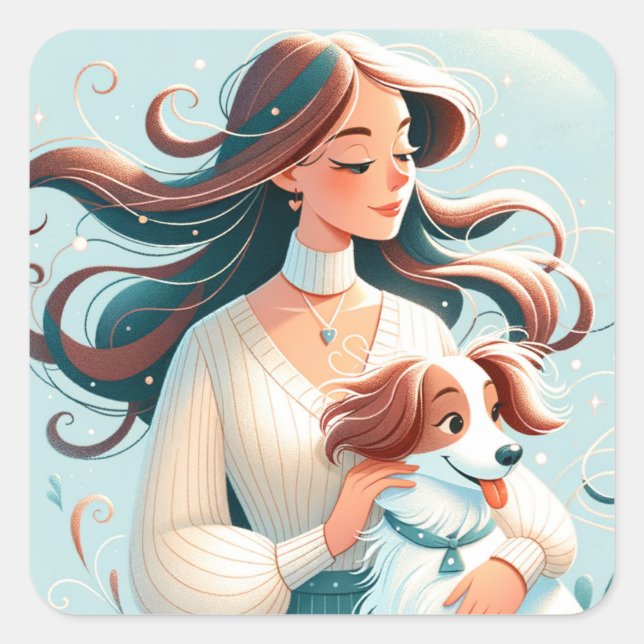 Whimsical Brunette & Cavalier King Charles Spaniel Square Sticker (Front)