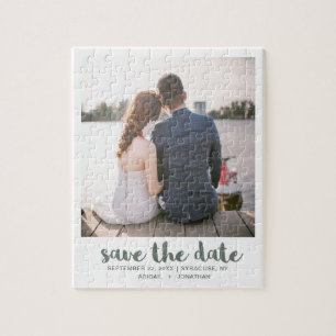 Whimsical Brush Script Photo Save the Date Green Jigsaw Puzzle