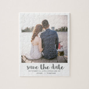 Whimsical Brush Script Photo Save the Date Grey Jigsaw Puzzle