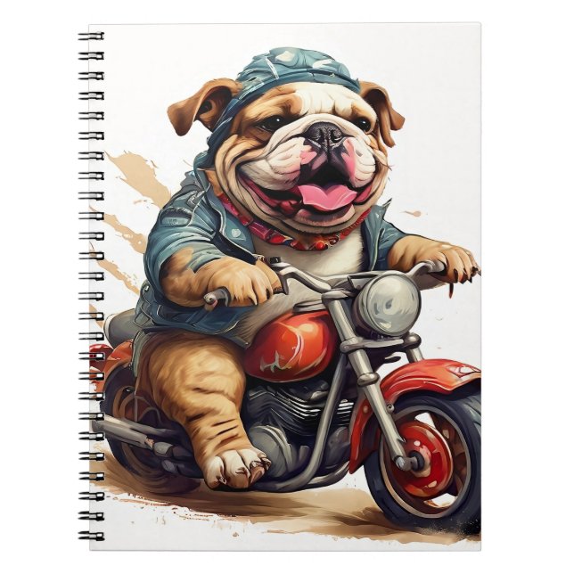Whimsical Bulldog Chopper Riding a Motorbike Notebook (Front)