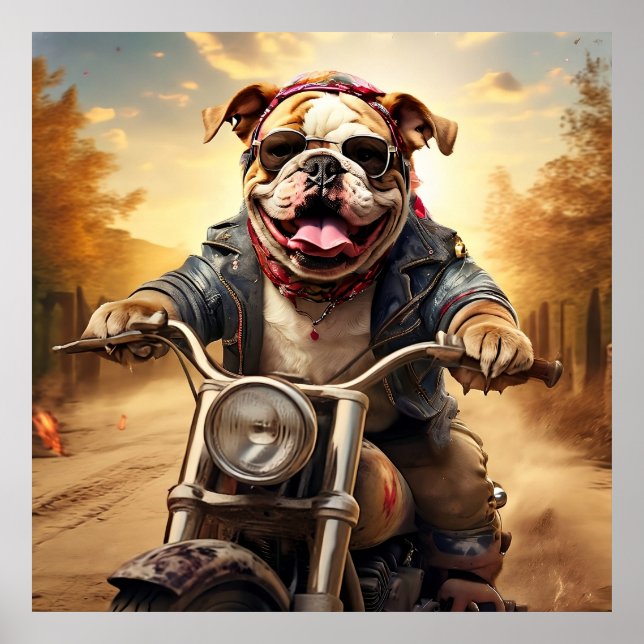 Whimsical Bulldog Chopper Riding a Motorcycle Poster (Front)