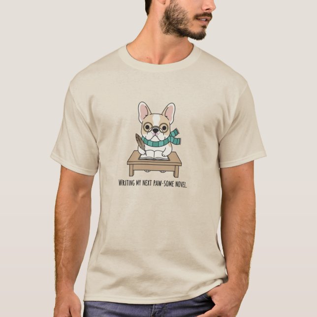 Whimsical Bulldog Writing Desk Doodle Illustration T-Shirt (Front)