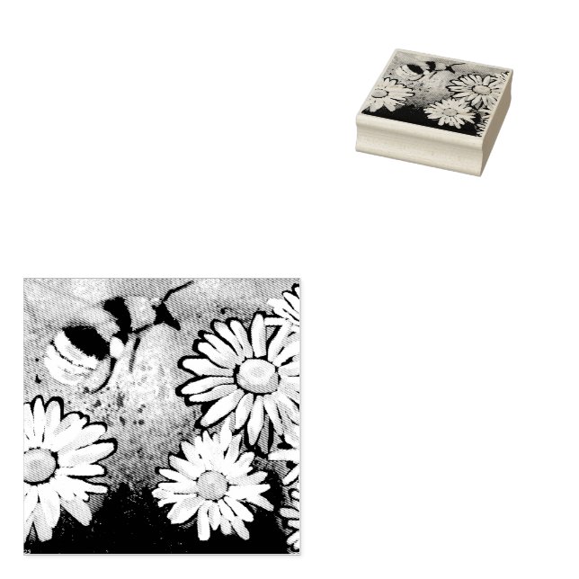 Whimsical Bumble Bee Daisies Floral Blue White Rubber Stamp (Stamped)